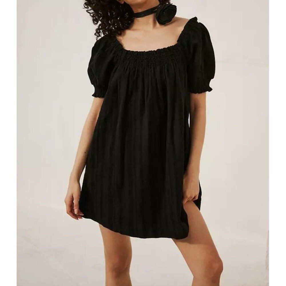 Free People Free-Est Mila Mini Dress Smocked Puff Sleeve Striped Black S 288464